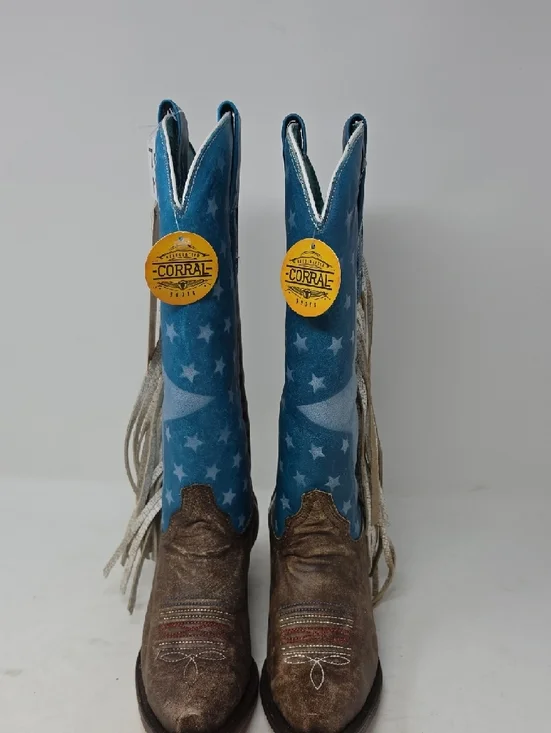 Corral Blue Star & American Flag Fringe Heeled Boots Size 7.5 - Picture 2 of 6
